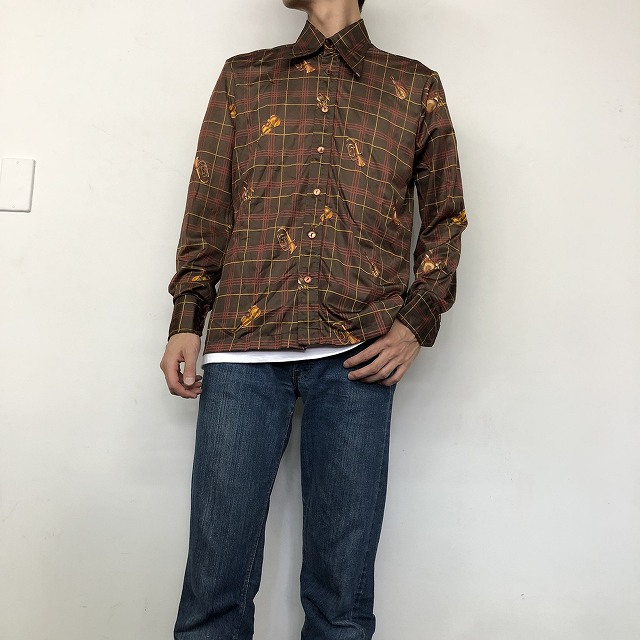 【SALE】 70's ITALY製 チェック×楽器柄シャツ