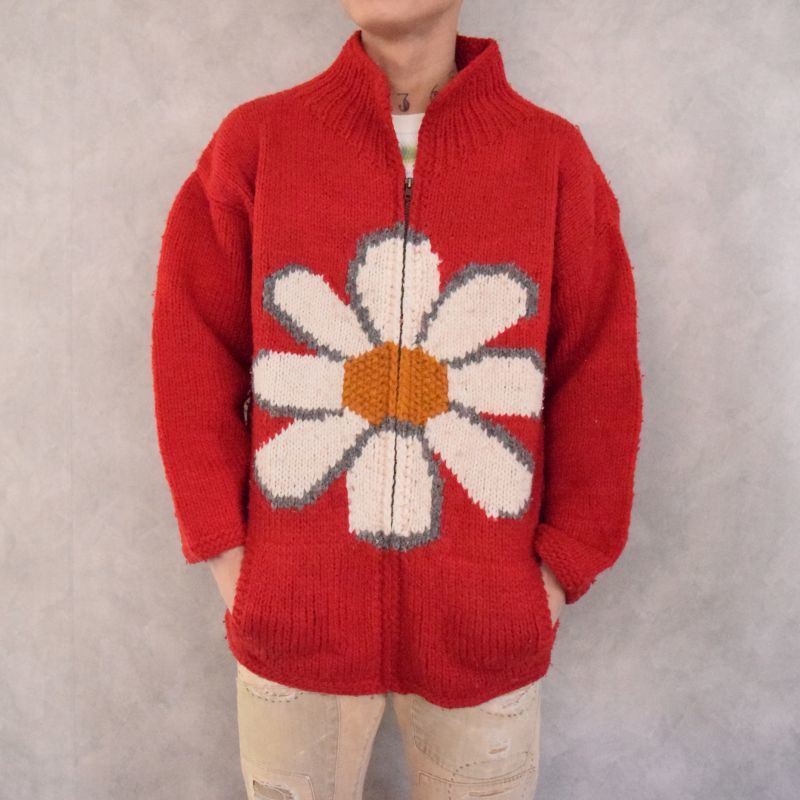 花柄 ウールニット フルジップセーター 赤 カーディガン ジャケット 