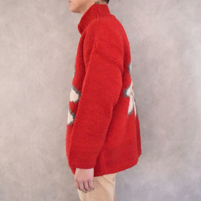 花柄 ウールニット フルジップセーター 赤 カーディガン ジャケット