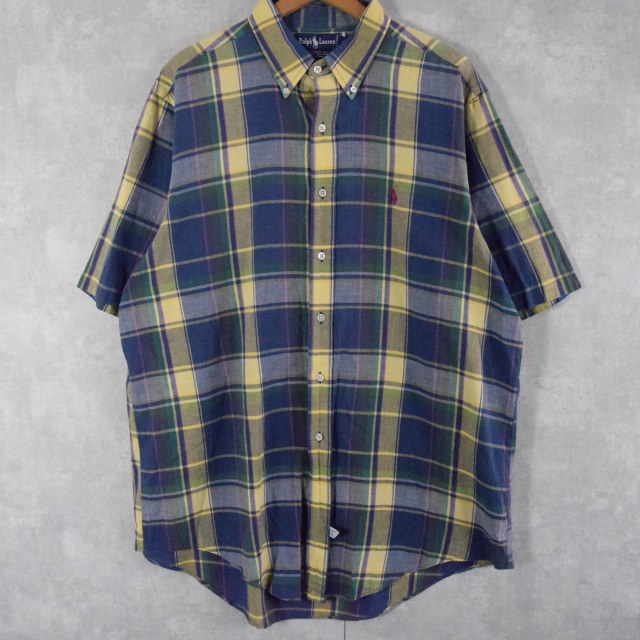 画像1: Ralph Lauren マドラスチェック柄 コットンボタンダウンシャツ XL (1)