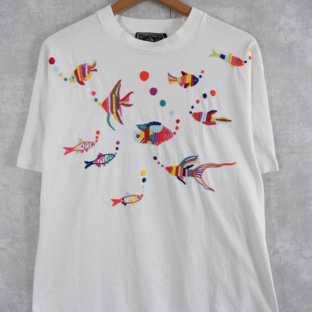 画像1: 【SALE】90's 魚 ハンド刺繍Tシャツ (1)