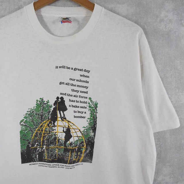 画像1: 90's USA製 "婦人国際平和自由連盟" イラストプリントTシャツ L (1)
