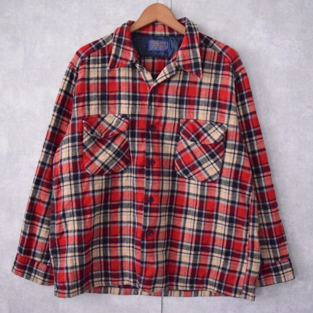 画像1: 70's PENDLETON USA製 チェック柄 オープンカラーウールシャツ XL (1)