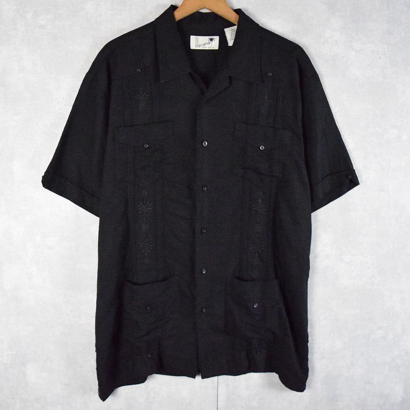 Havana SHIRT Co. リネン×レーヨン 刺繍デザインオープンカラーキューバシャツ BLACK L