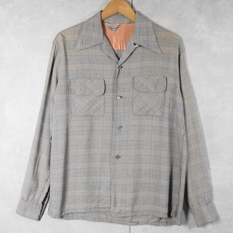 50's Artvogue グレンチェック柄 オープンカラーシャツ M 15-15 1/2