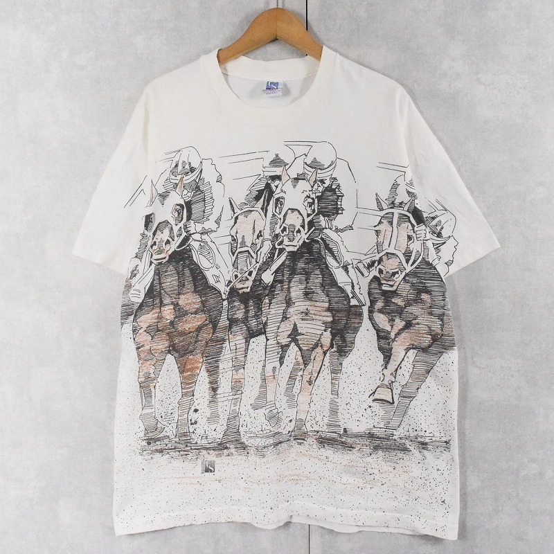 90's USA製 競馬柄 大判プリントTシャツ XXL