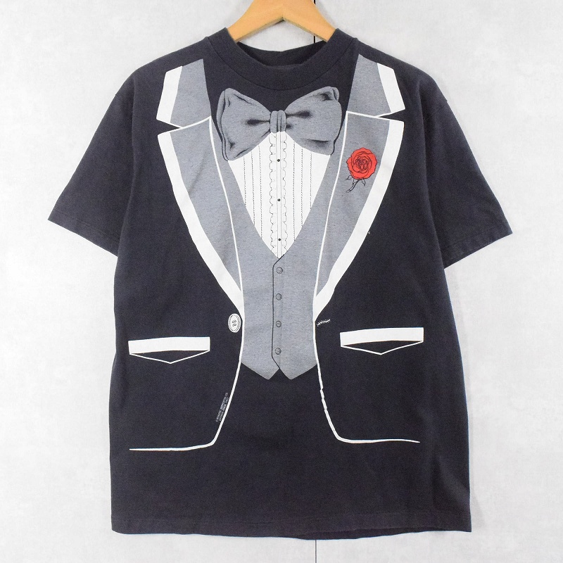 90's USA製 タキシード柄 騙し絵プリントTシャツ NAVY L