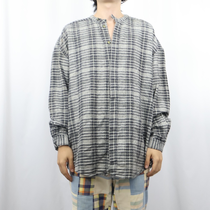 画像2: 80〜90's Pavo NEPAL製 チェック柄織り バンドカラー コットンシャツ XXL (2)