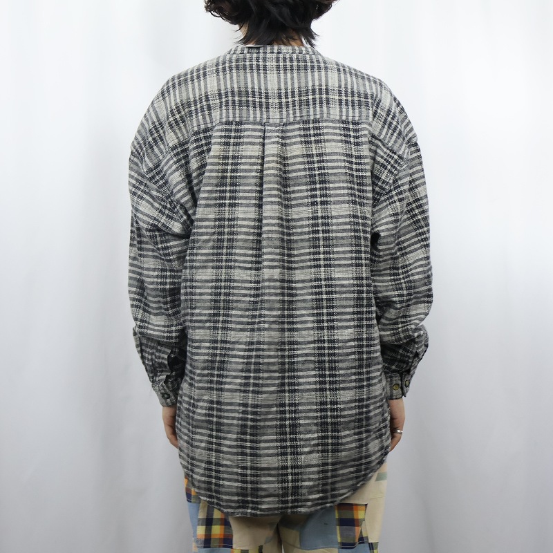 画像3: 80〜90's Pavo NEPAL製 チェック柄織り バンドカラー コットンシャツ XXL (3)