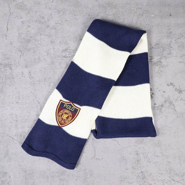 画像1: Polo Ralph Lauren ボーダー柄 ワッペン付き コットンニットマフラー (1)