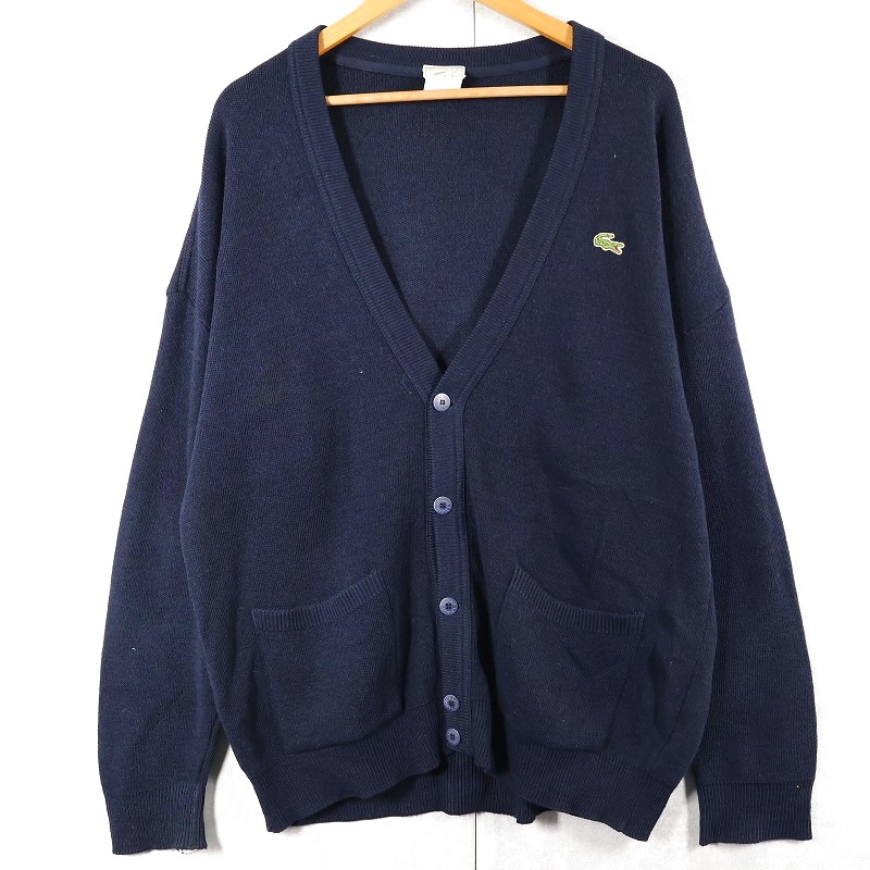 画像1: 90's LACOSTE FRANCE製 ロゴ刺繍 ウールニットカーディガン NAVY SIZE6 (1)