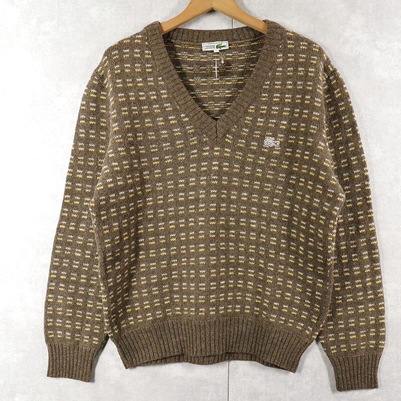 画像1: 70〜80's CHEMISE LACOSTE FRANCE製 総柄 Vネック ウールニットセーター SIZE4 (1)