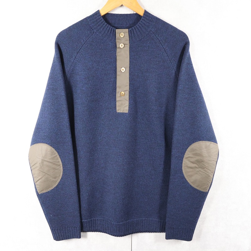 画像1: FILSON エルボーパッチ付き ヘンリーネック ウールニットセーター NAVY L (1)