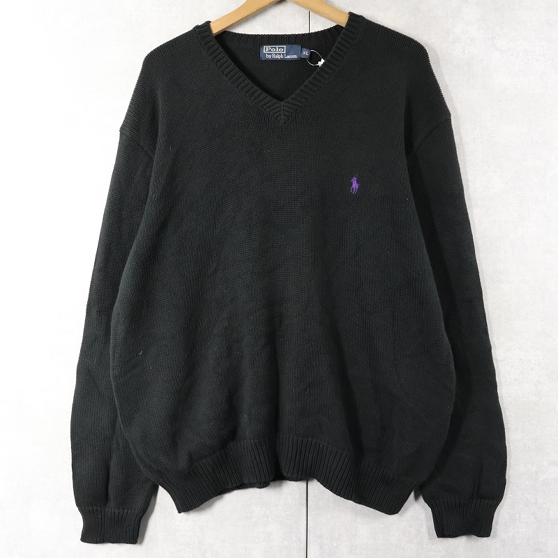 画像1: POLO Ralph Lauren Vネック コットンニットセーター BLACK XL (1)
