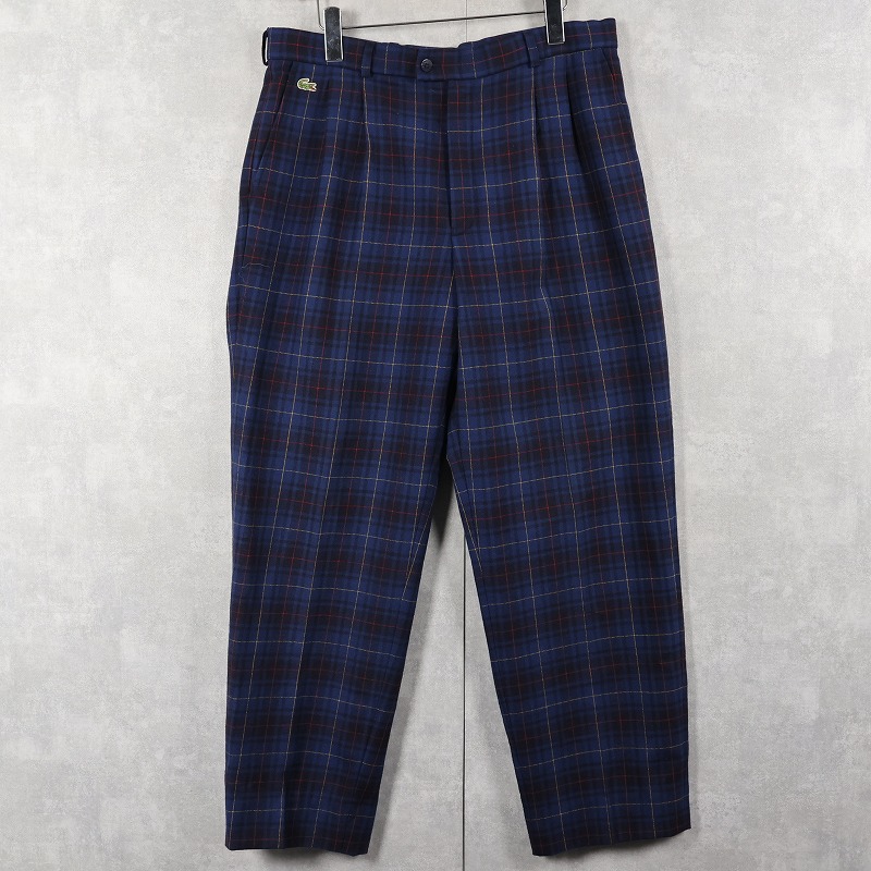 画像1: 70〜80's CHEMISE LACOSTE FRANCE製 チェック柄 ロゴ刺繍 2タック ウール×ポリエステルスラックス W35 (1)