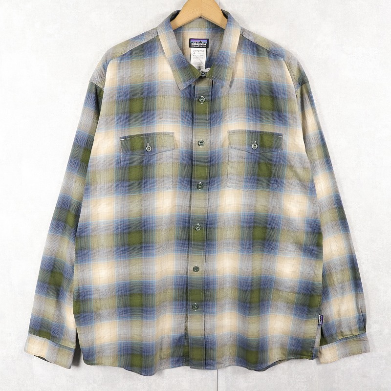画像1: 2013AW Patagonia "ORGANIC COTTON" オンブレーチェック柄 コットン×ポリエステルシャツ XL (1)