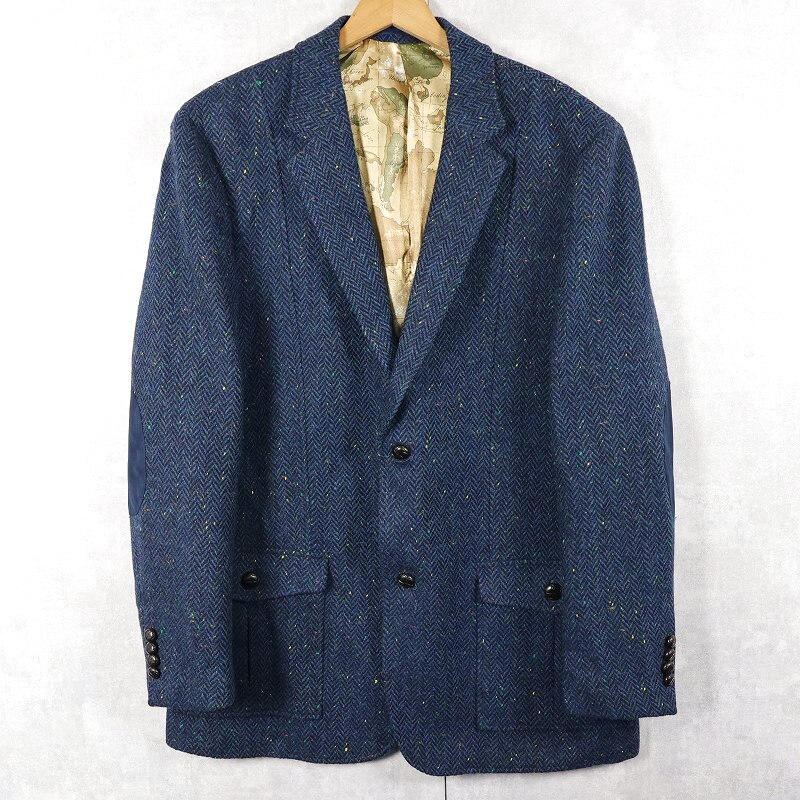 画像1: CELTIC TWEED エルボーパッチ付き カラーネップ混 ウールツイードジャケット NAVY SIZE44 (1)