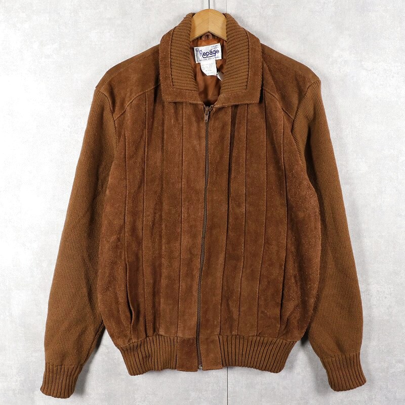 画像1: 80's Repage ニット切り替え スエードレザージャケット L (1)